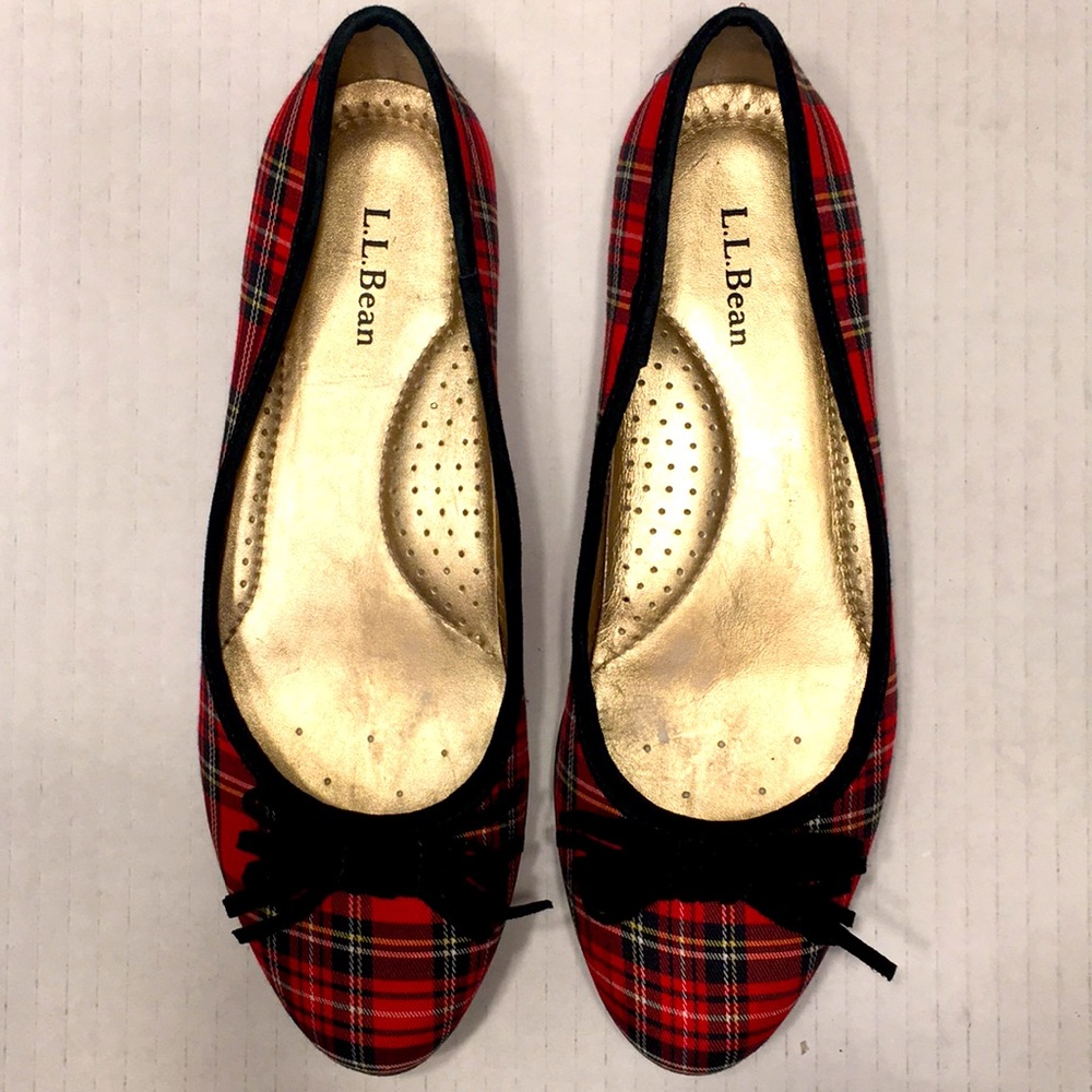 L.L. Bean Red Tartan Plaid Ballet Slip On Flats Velvet Bow